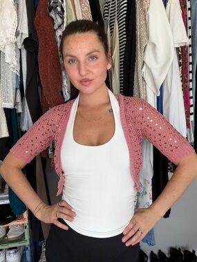 Wet Seal Pink Sequin Cropped Shrug Cardigan XS Y2K Open Knit